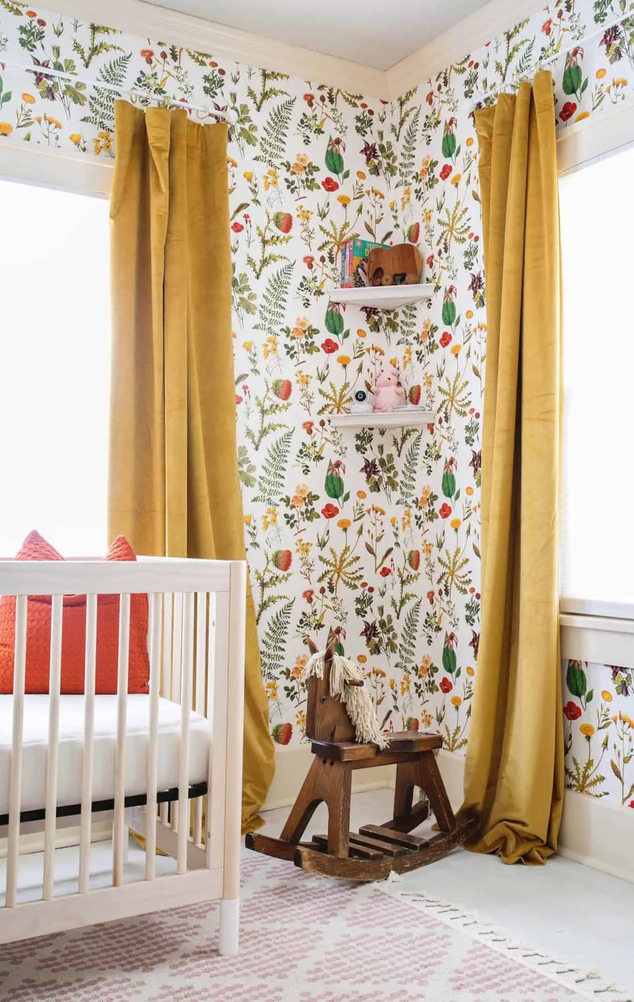 Floral Wallpaper in Nursery with Rocking Horse