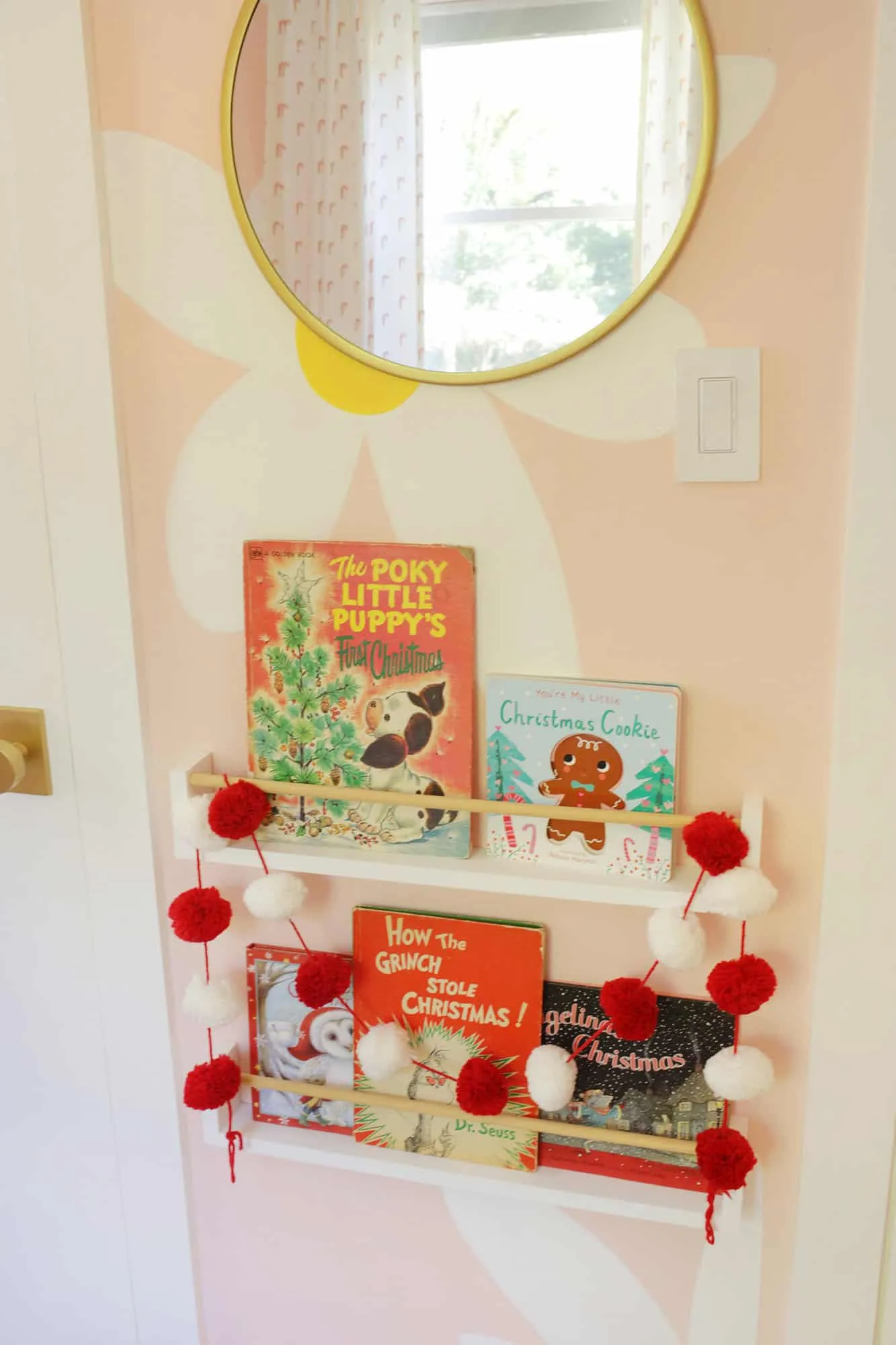 Kid&#x27;s room with holiday themed Christmas bookshelf