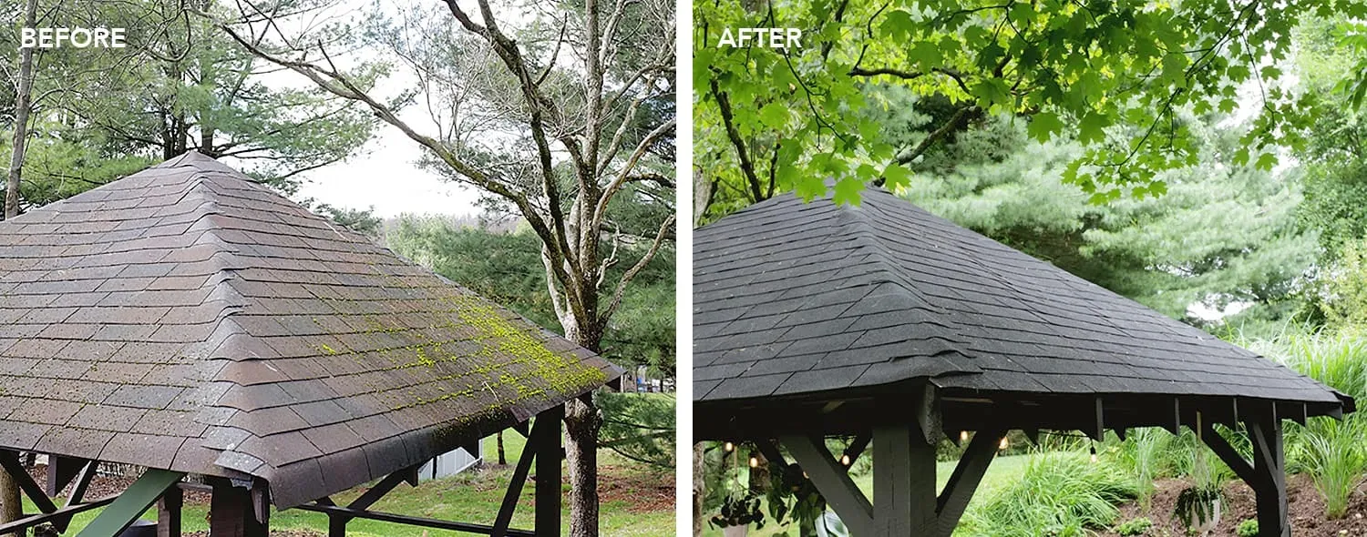 Before and after of painted shingle pavilion roof