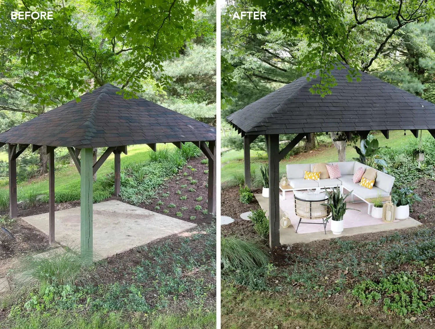 Before and after of painted shingle pavilion roof